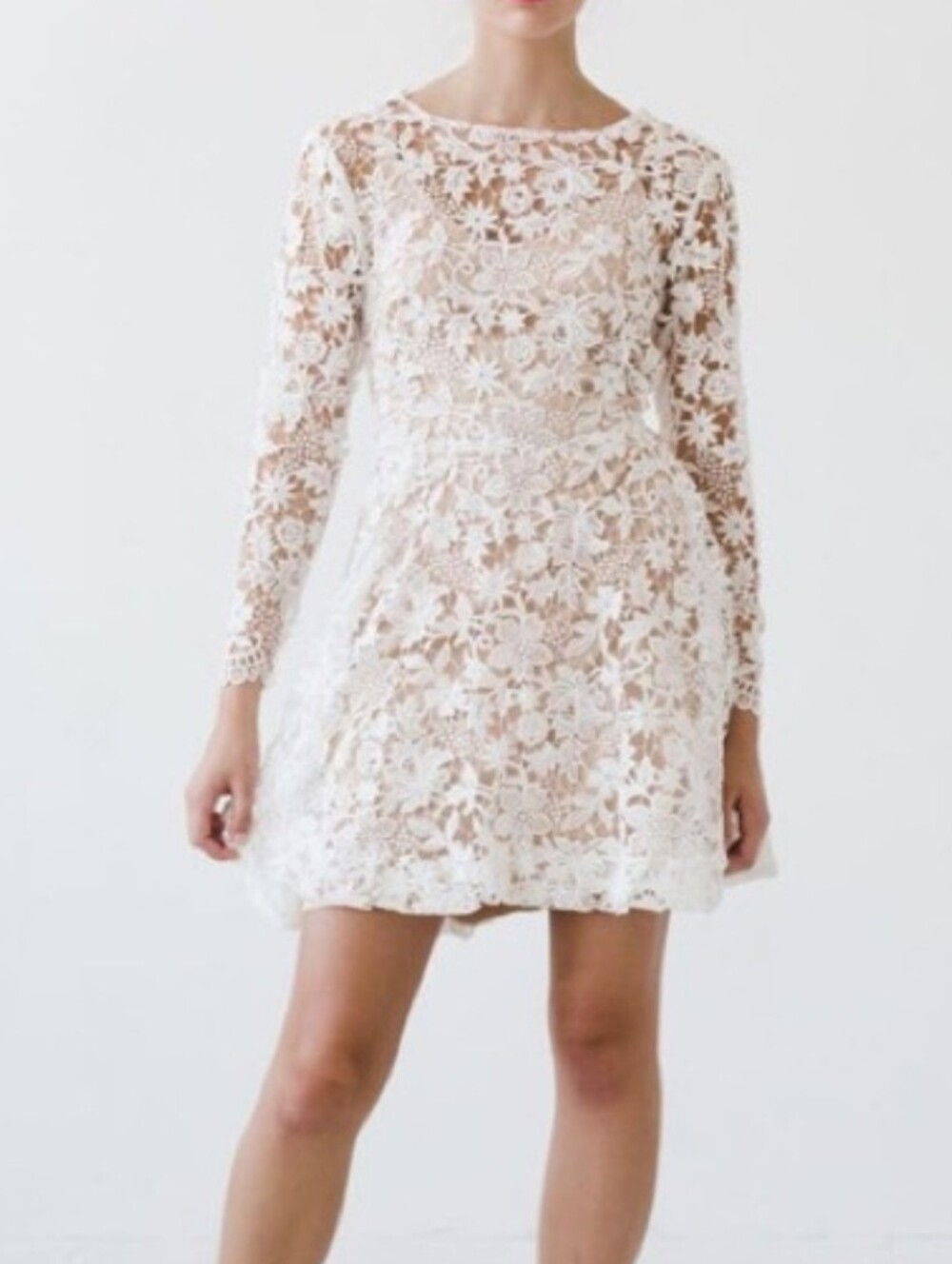 Sarah Seven White Floral Guipure Lace Long-Sleeve Mini Dress